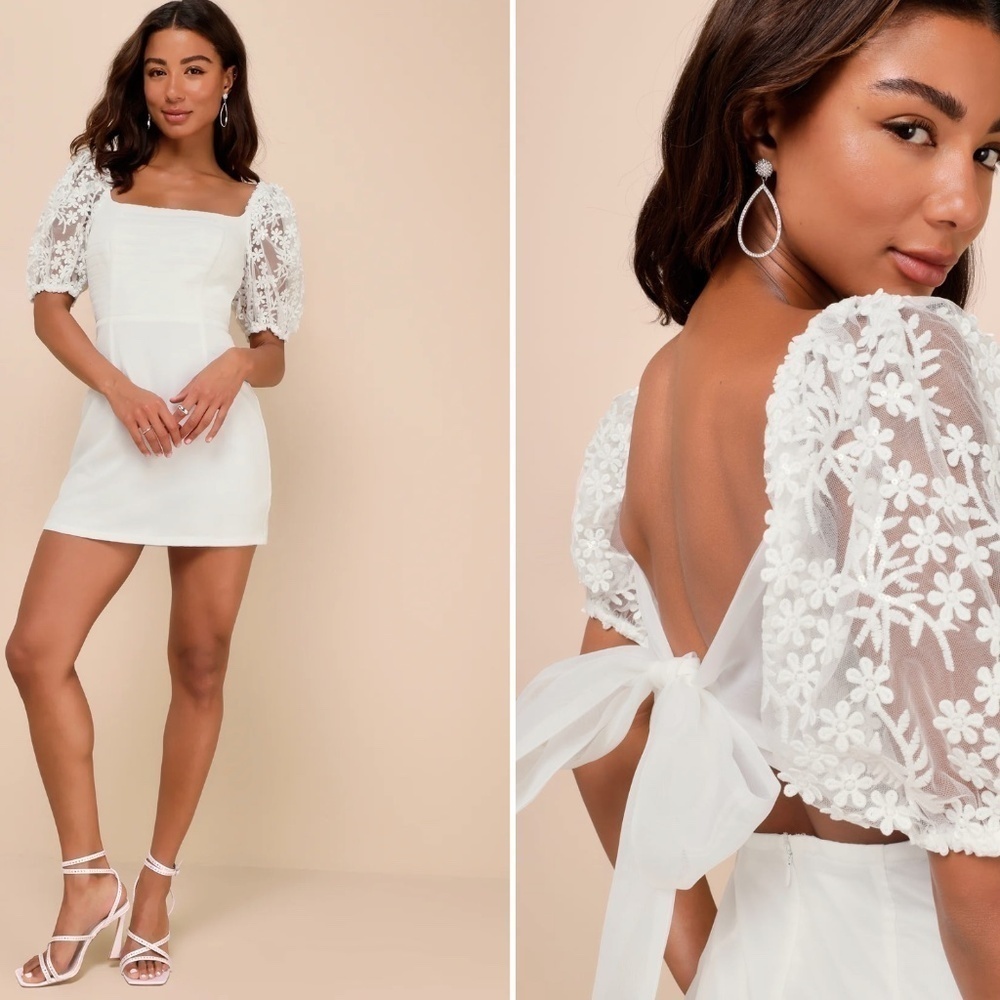 Lulu's White Lace Puff-Sleeve Square Neck Mini Dress